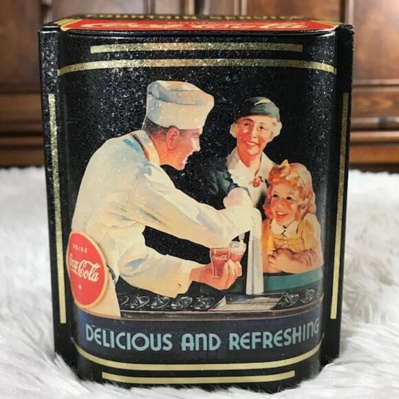 NWOT Vintage Coca-Cola 'Fountain Service' Angled Hinge Lid Tin & Coasters Set - Picture 2 of 13